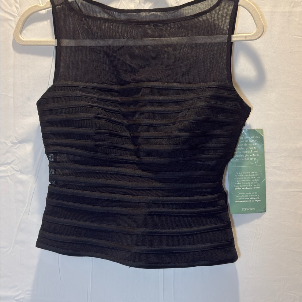 JS‎ Collections Black Mesh Striped sheer blouse Size 4.